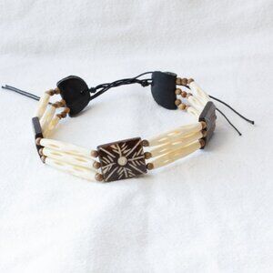 Vgt Native American Hairpipe Tribal Buffalo Bone Choker Necklace Wood & Bead 11"